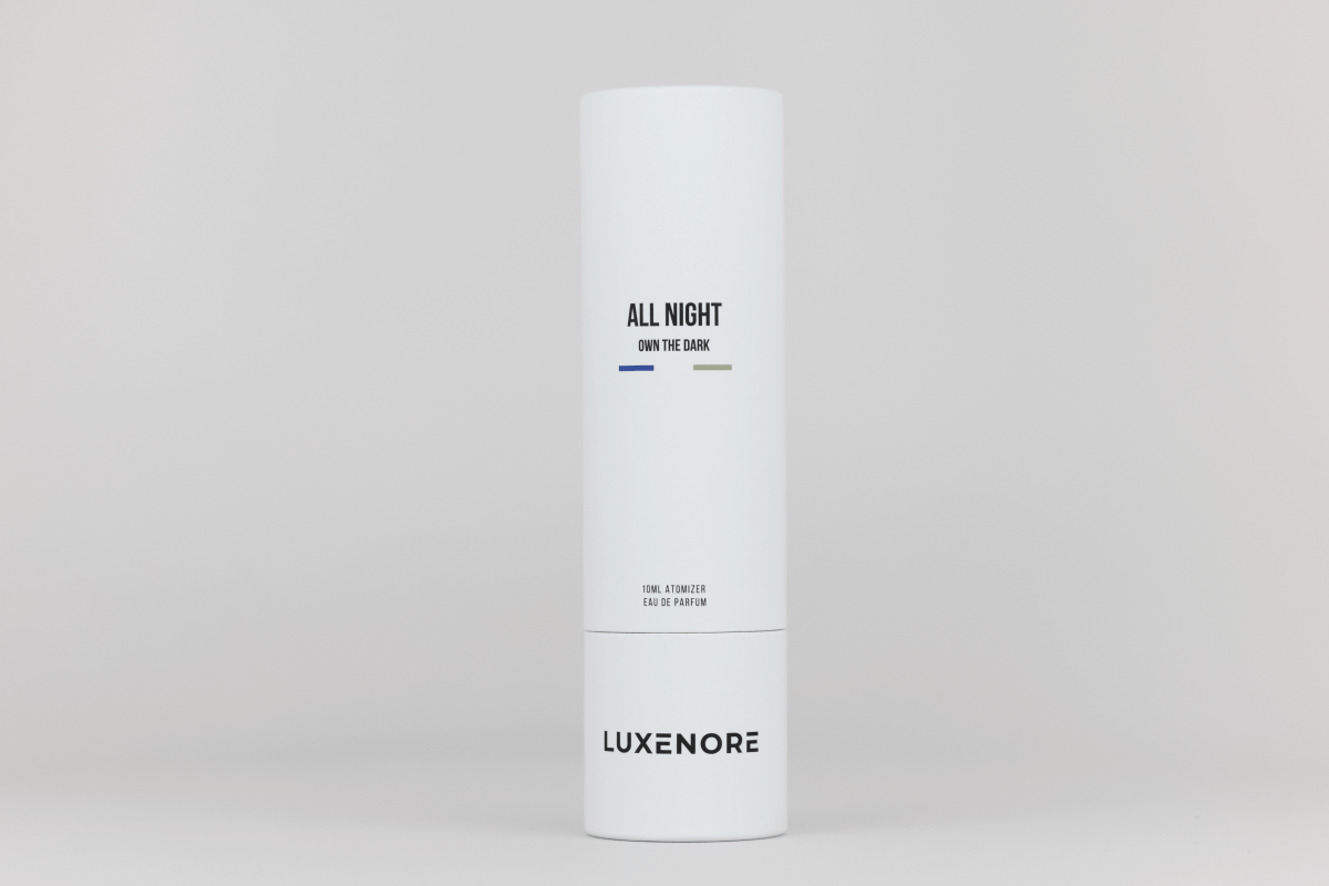 Zbliżenie na pudełko perfum ALL NIGHT  Luxenore – minimalistyczny design premium